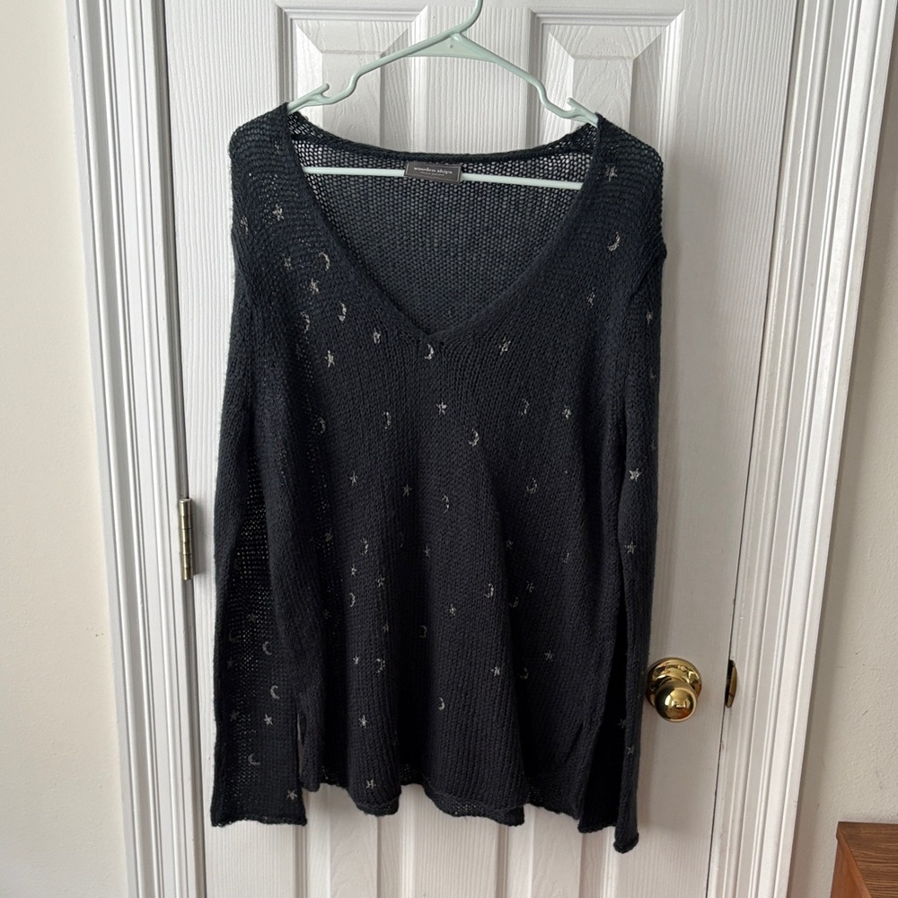 Wooden Ships Stars and Moon Lightweight Knit Wool Sweater Navy Blue S/M - Picture 5 of 9